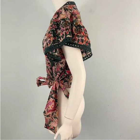 Jennifer Grace Paisley Print Faux Wrap Embroidered Flutter Sleeve Blouse (NWT) - Picture 8 of 13